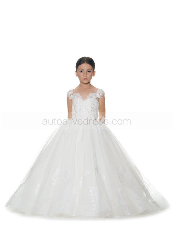 Beaded Long Sleeves Ivory Lace Tulle Flower Girl Dress With Horsehair Hem